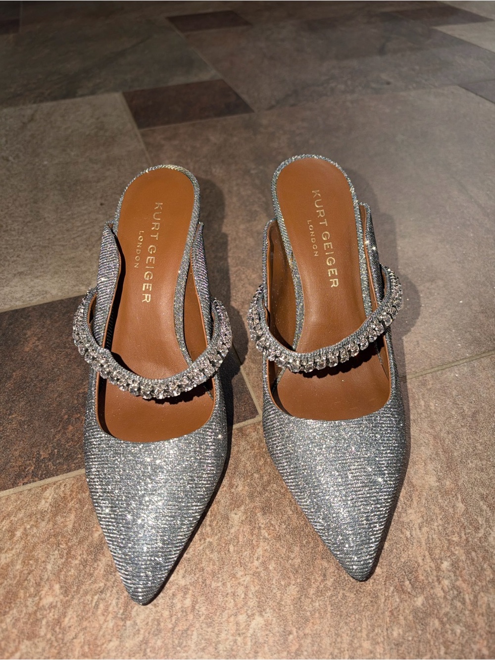 Kurt Geiger Silver Glitter Pointed Slingback Mules with Crystal Strap